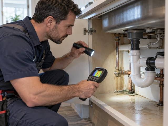 Plumber inspecting under-sink plumbing with leak detection equipment