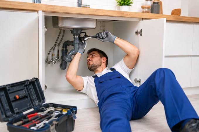 Plumber repairing drain pipes beneath a kitchen sink